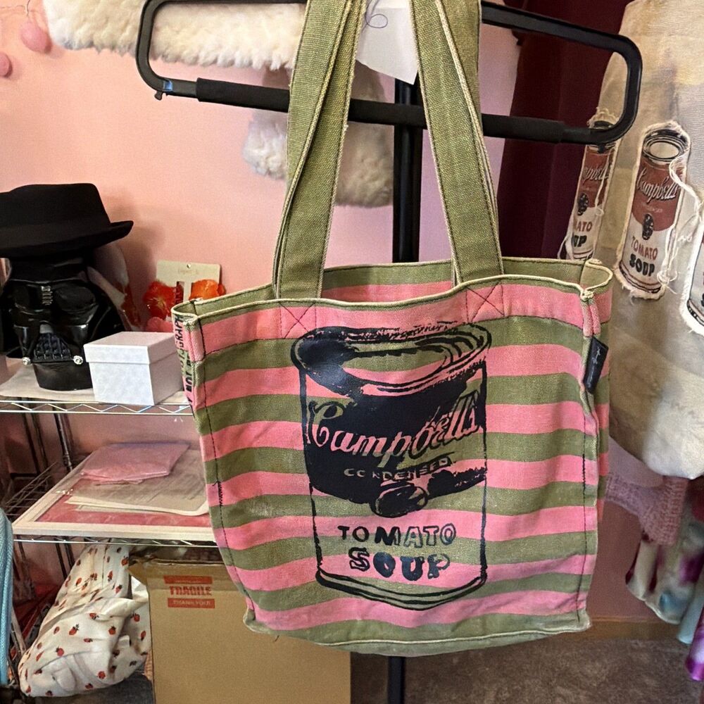 Andy Warhol Campbell’s Tomato Soup Pink/Green Striped Tote Double Handles